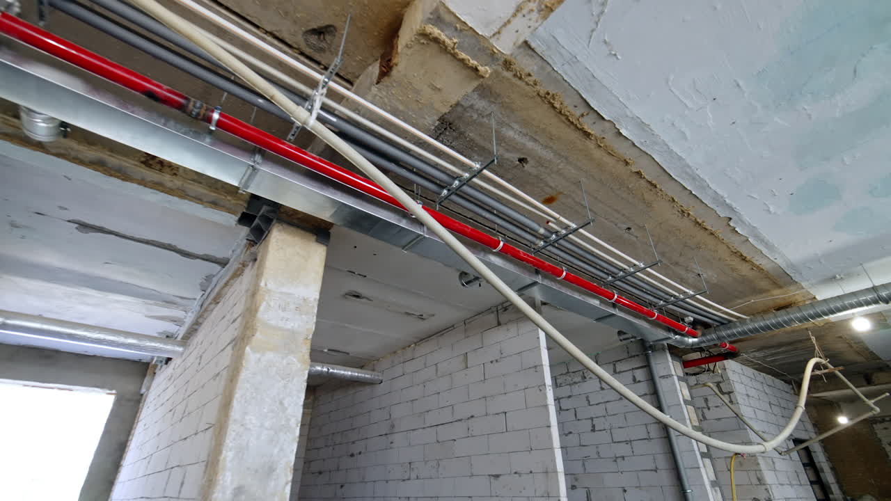 Old building renovation. Pipes and wires on the ceiling of the premises. Low angle view.