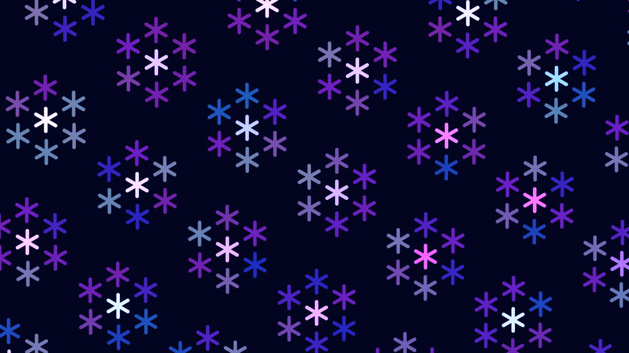 Symmetrical blue and purple snowflake pattern on black background