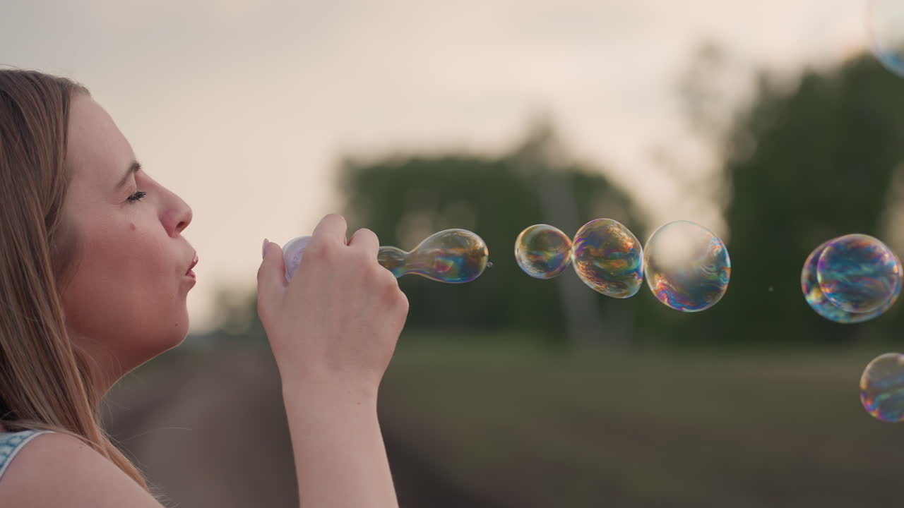 close up side view lady blowing soap bubbles that float around gentle breeze over rural dirt road and green field at dusk capturing whimsical playful moment under pastel sky with golden light
