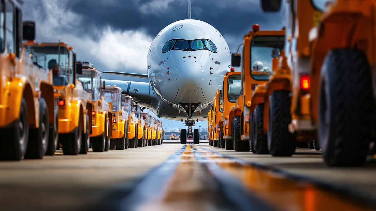 A majestic aircraft stands at the tarmac, framed by a line of vibrant orange ground vehicles, under a dramatic sky, showcasing a blend of aviation and ground support operations