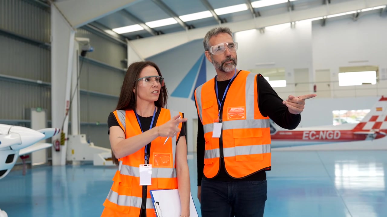 Profesionales de la aviación discutiendo el mantenimiento en un hangar de aeronaves