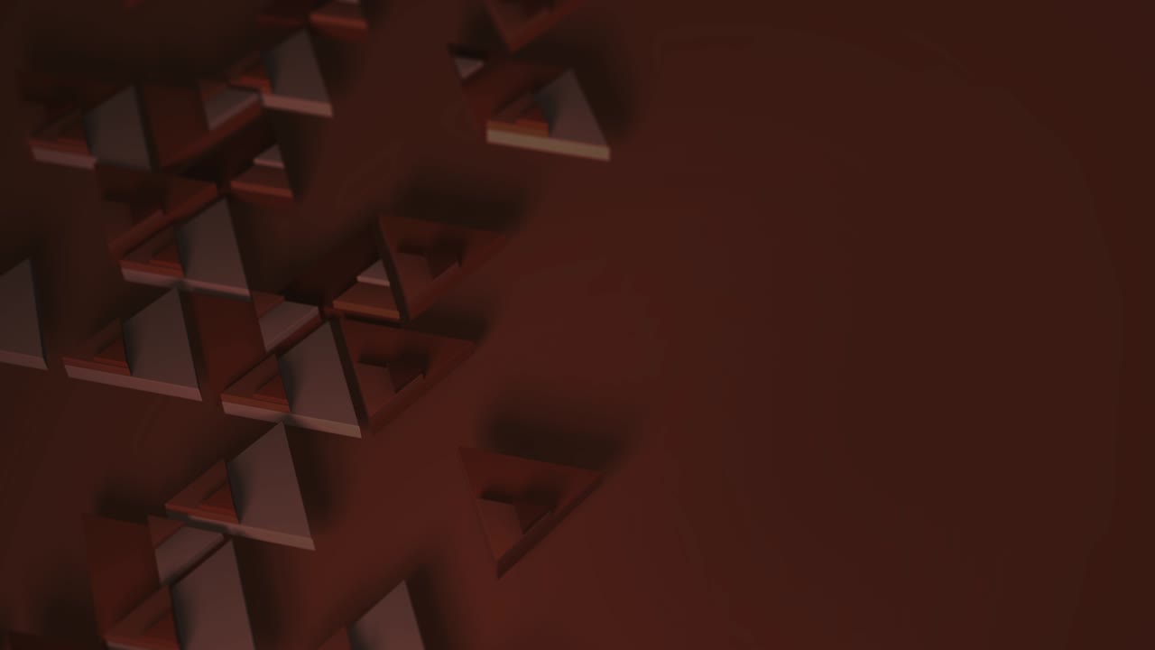 미니멀리즘의 어두운 오렌지색. 선택적 초점. 반 프레임. 기하학적 삼각형의 움직임으로 루프 애니메이션의 3d 렌더링. 프레젠테이션을위한 끝없는 배경. 비즈니스 애니메이션.
