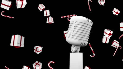 animación de un micrófono antiguo con regalos de navidad cayendo sobre un fondo negro