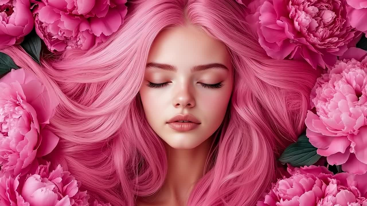 Una donna con i capelli rosa circondata da fiori rosa