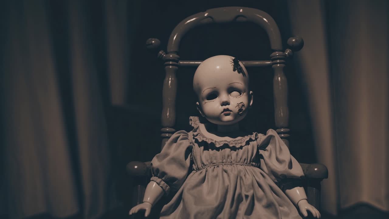 Boneca de porcelana vintage sentada em uma cadeira de balanço de madeira, cercada por cortinas suaves, evocando uma atmosfera misteriosa e capturando a essência da nostalgia e do charme sombrio