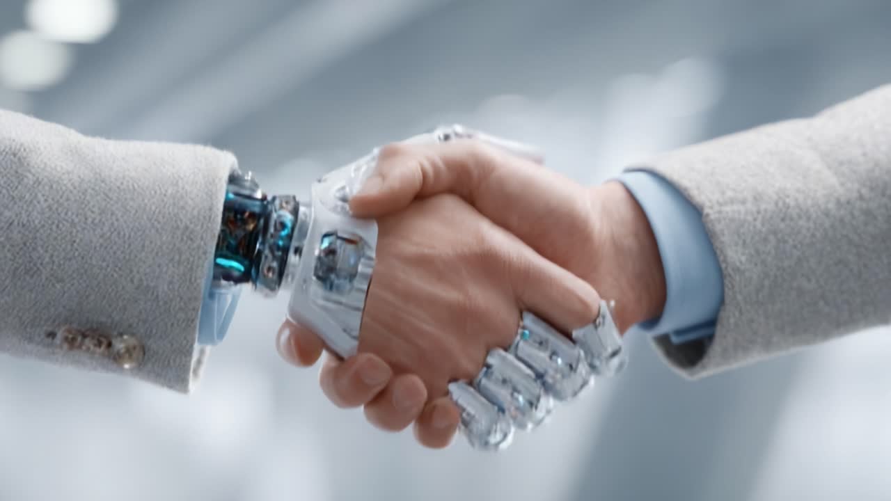 A Symbolic Gesture of Collaboration Between Humanity and Advanced Robotics, Showcasing the Future of Technology and Partnership in an Innovative Environment