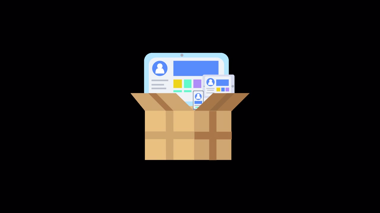 Unboxing animado de dispositivos digitales con interfaces de usuario