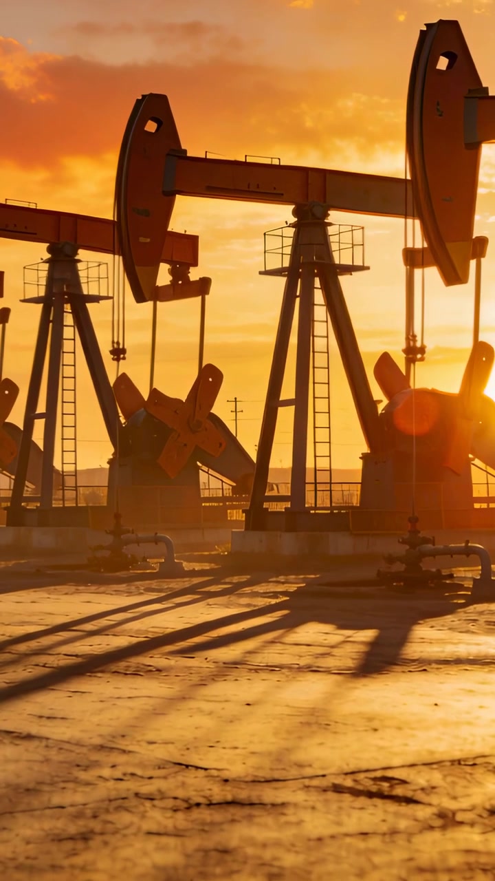 Vertical video: Motor driving pumpjack row oscillating on concrete pad at sunset, extracting oil