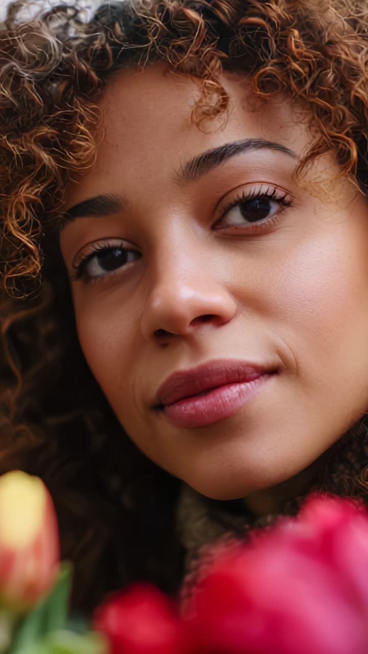 Uma mulher sorrindo cercada por flores coloridas, capturada em dois frames que destacam sua beleza natural e expressão alegre em um retrato em close-up