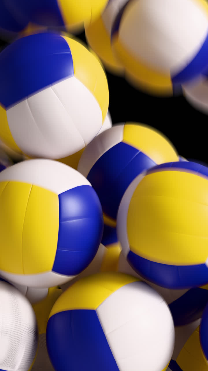 Animace přechodu svislého kaskádovitého pádu volejbalových míčů s alfa kanálem. 3D renderování