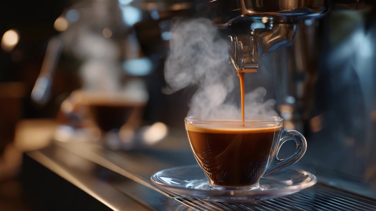Dampende espresso brygges frisk i en klar glaskop på en elegant espressomaskine, hvilket fanger kaffedrikkens aroma og rige farve.
