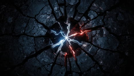 converging blue and red lightning bolts on cracked earth