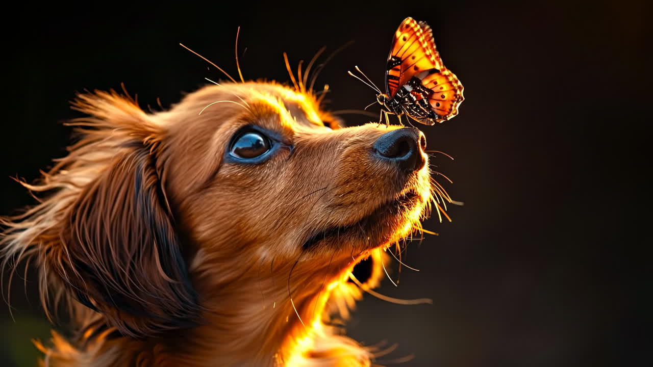 Dog gazes at butterfly in warm sunlight. A curious dog looks up at a butterfly hovering nearby during a warm evening, surrounded by soft golden light