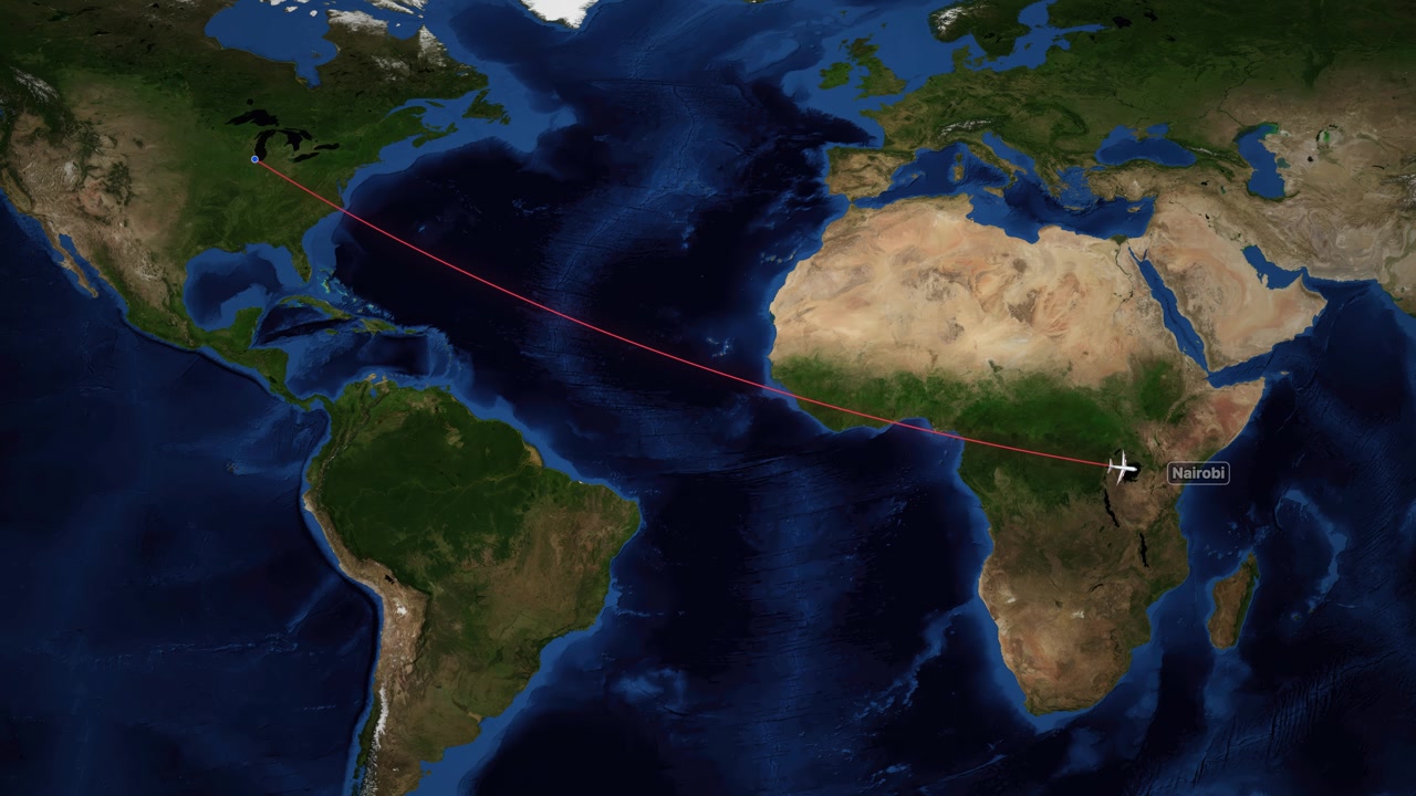 Animated airplane icon follows red line across world map from Chicago to Nairobi