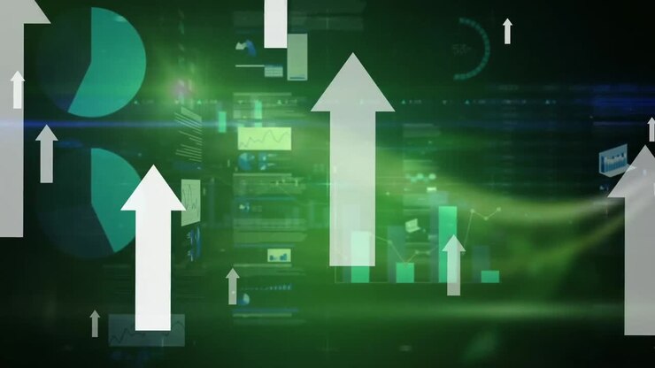 Animation of arrwos and financial data processing over black background