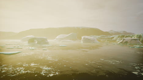 gigantic ice block structures on the black sand by the sea shore