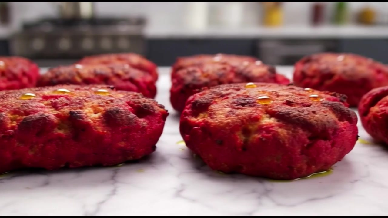 Burger vegetariani di barbabietola appena cotti su un ripiano di marmo