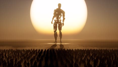 Un-Enorme-Cyborg-De-Inteligencia-Artificial-Parado-Frente-A-Un-Gran-Sol,-Con-Una-Multitud-De-Personas-Mirándolo,-La-Cámara-De-Animación-3d-Se-Aleja-Lentamente