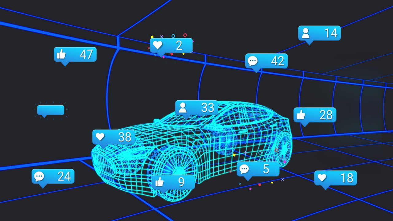 Animation of digital car wireframe with social media notifications surrounding it
