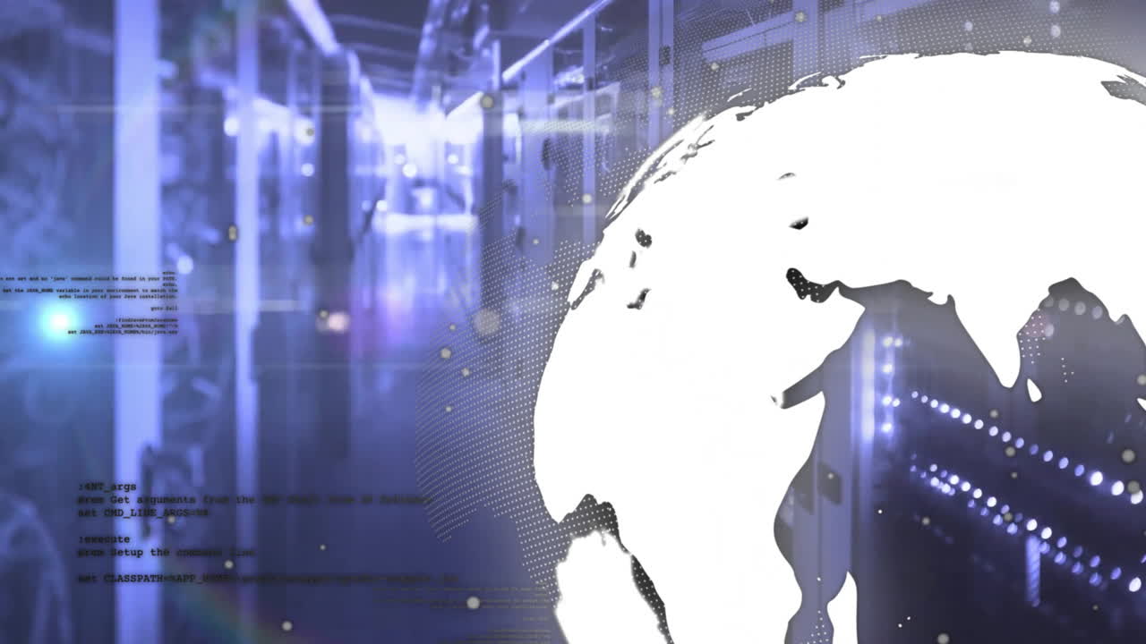 Animation of globe and data processing over computer servers