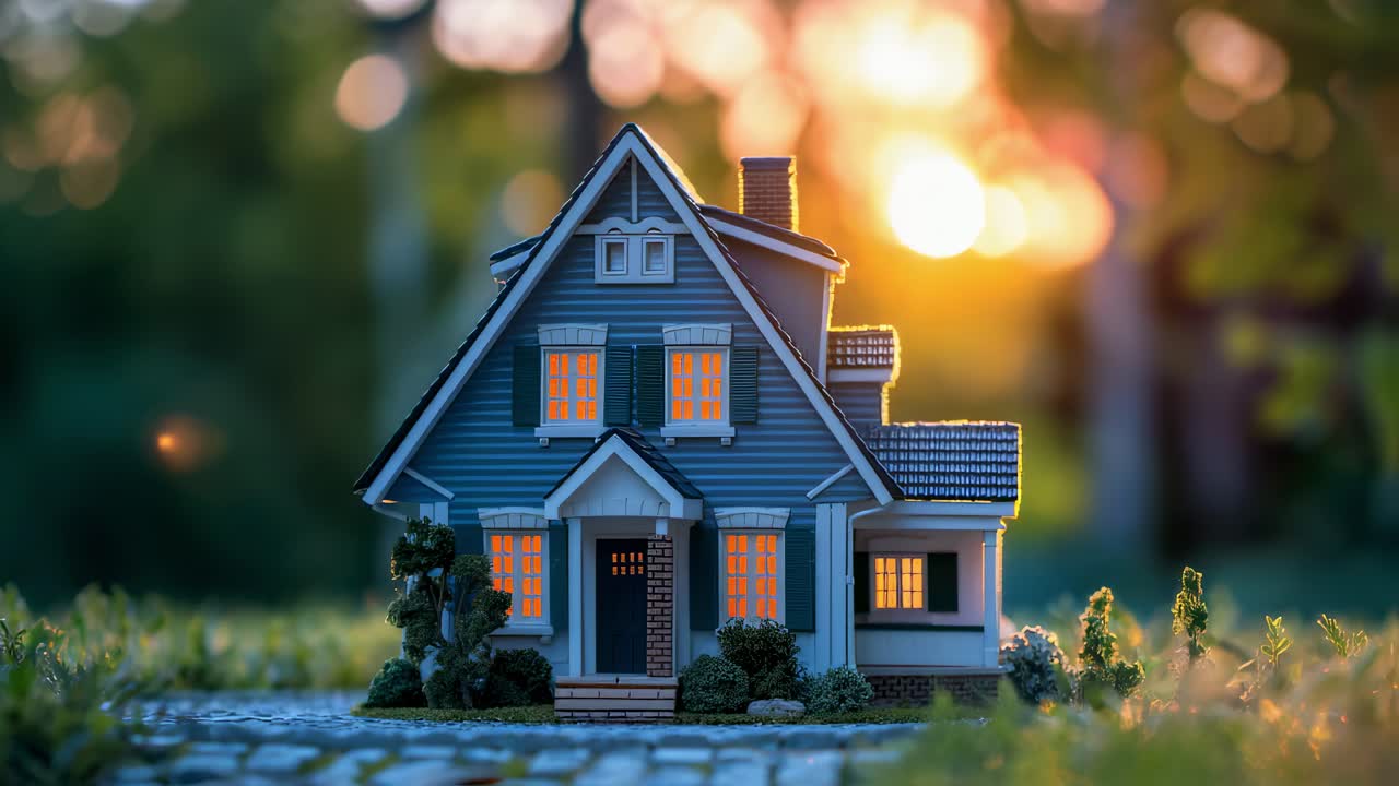 Warm lights glow inside a charming miniature house model, nestled amidst greenery, as the sun sets, creating a cozy and inviting atmosphere