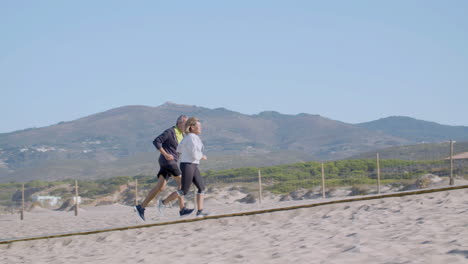 excited man and woman chasing each other on path on ocean shore