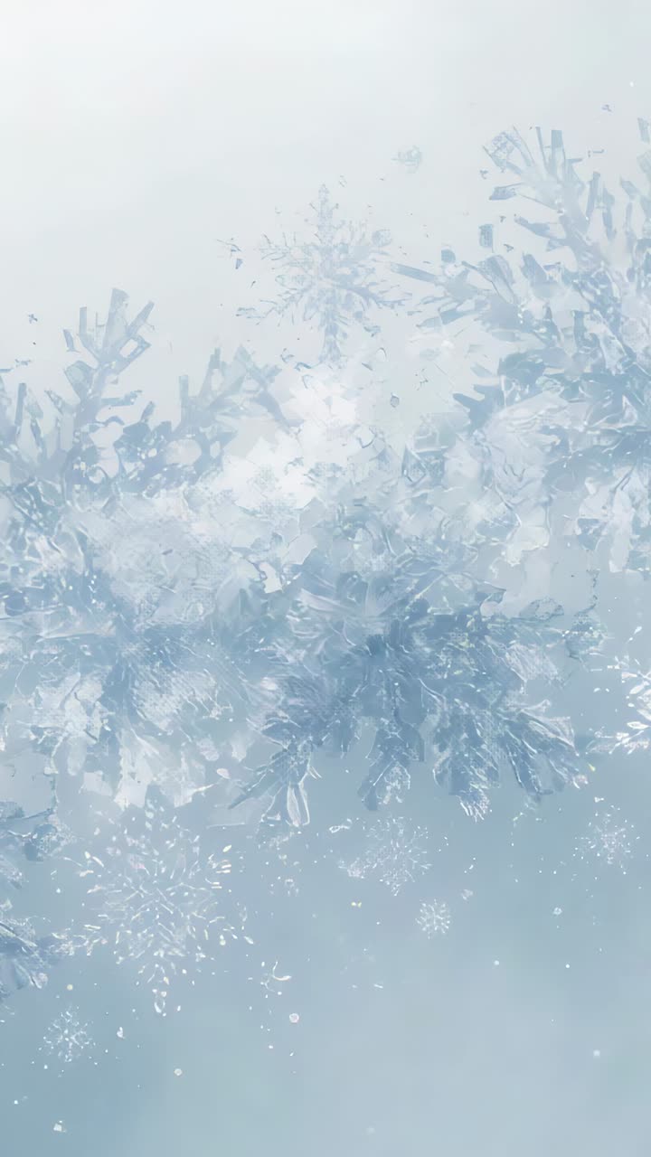 Video verticale: sfondo invernale con ammasso di ghiaccio che scivola verso l'interno creando il nucleo, grandi fiocchi di neve che cadono