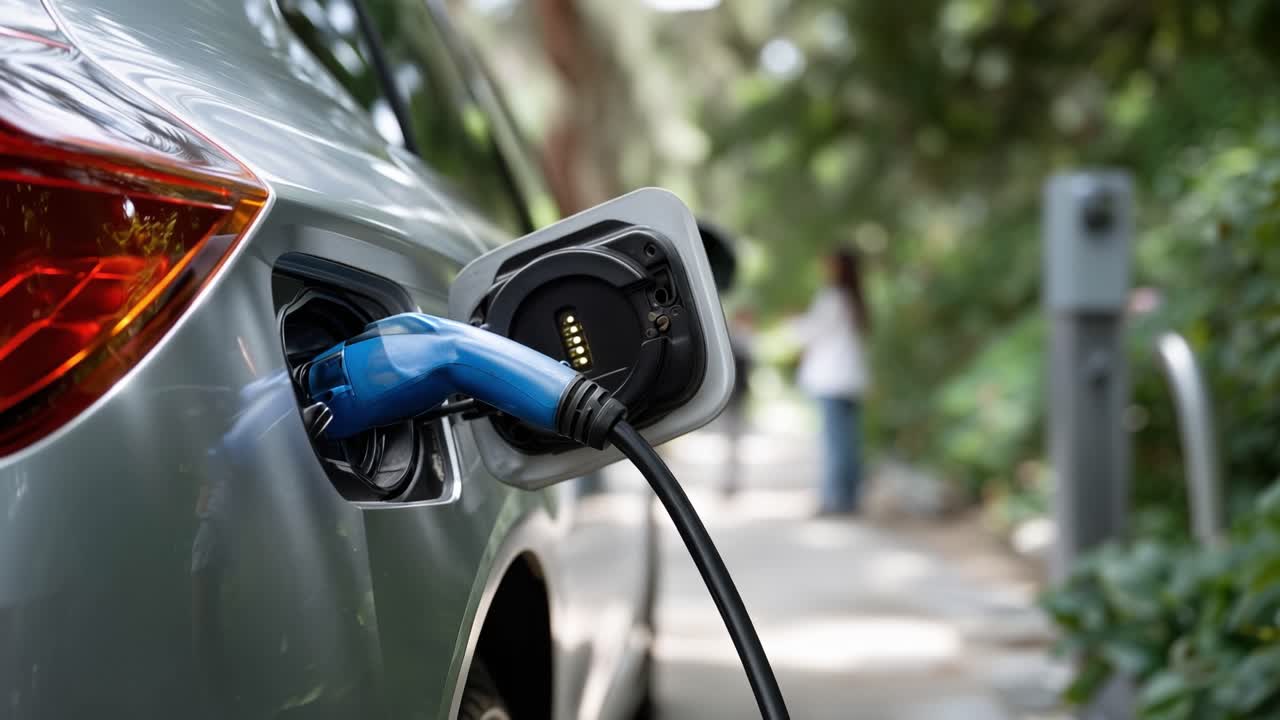 Bulanık Arka Planda Ailesiyle Açık Havada Elektrikli Araba Şarjı