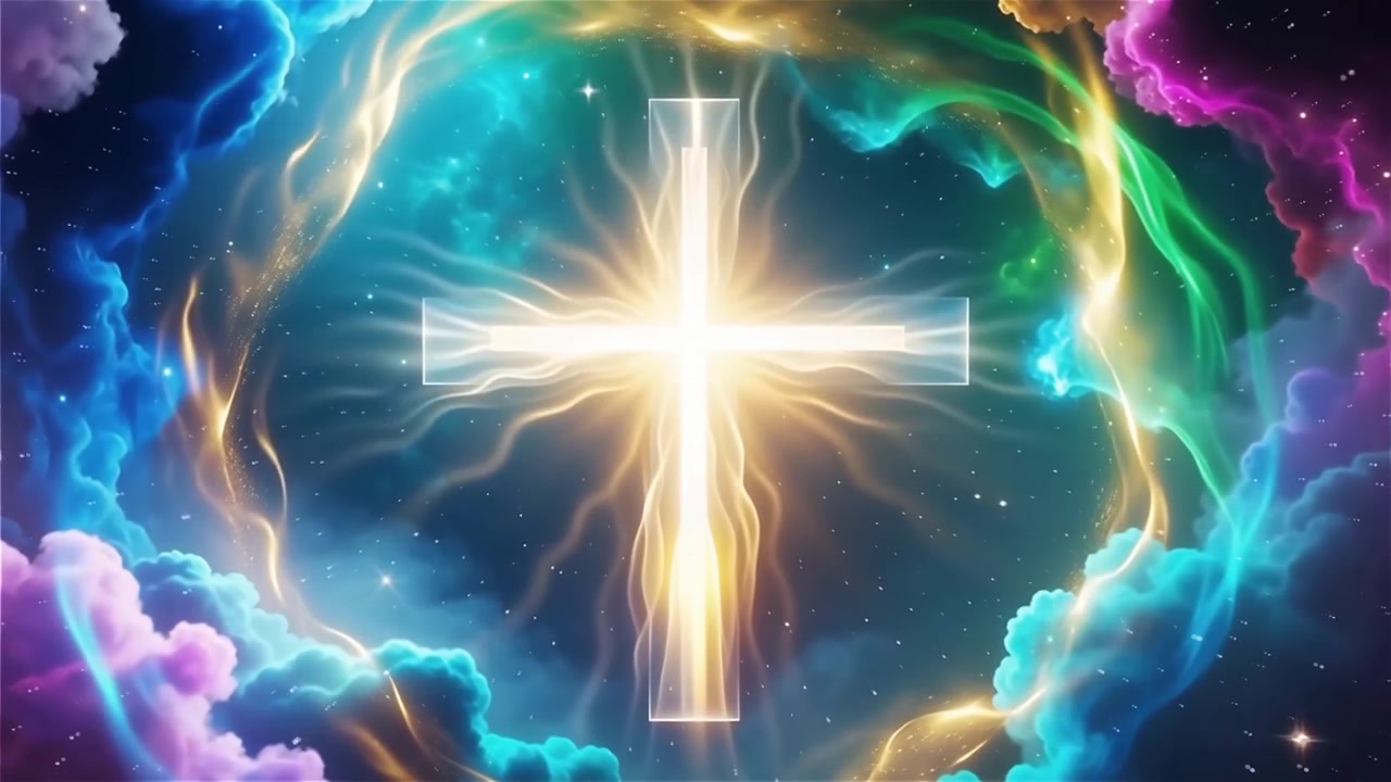 Croix chrétienne, lumière céleste, fond de culte.