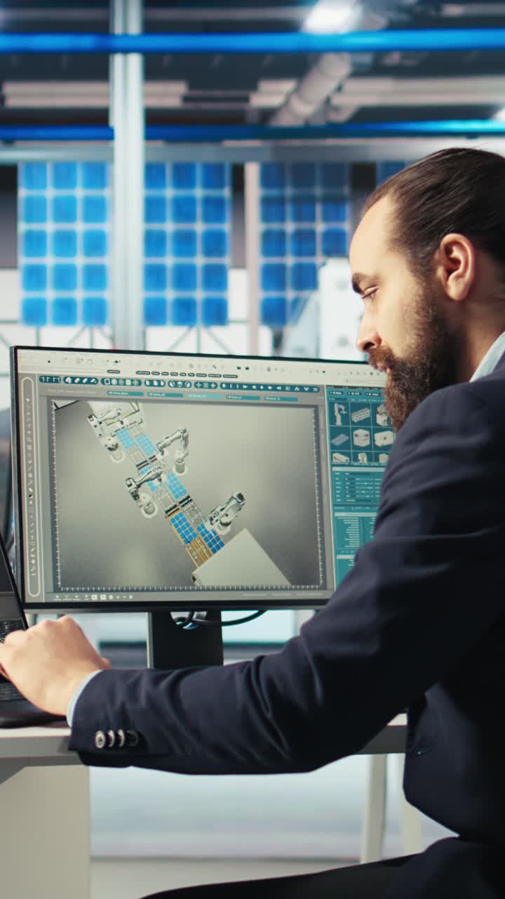 Vertical Video Photovoltaics Factory Worker Monitors System Performance, Drinking Coffee