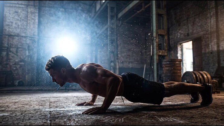 Sportsman training with bodyweight exercise in dramatic low light setting