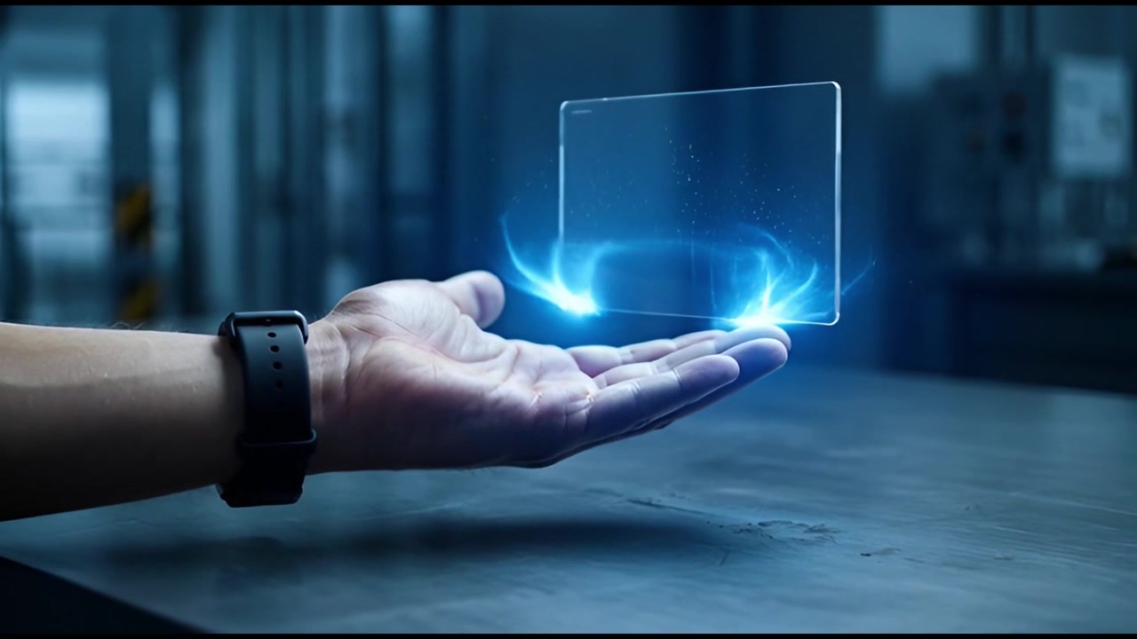 Human Hand and Smartwatch Activating a Transparent Holographic Screen