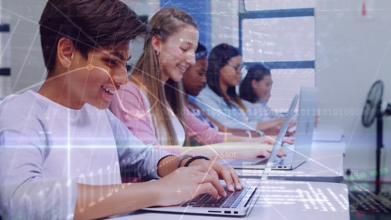 students typing in lab launching animated code and chart overlays supporting data analysis training