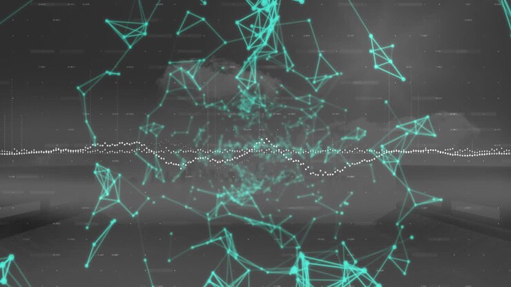 Animation of data processing and plexus networks against aerial view of cityscape