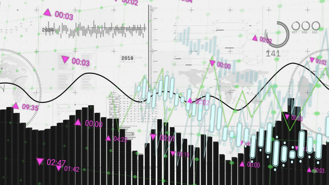 Animation of financial data processing with numbers and diagram and world map on white background