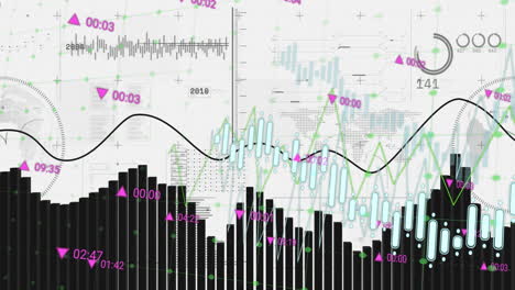 animation of financial data processing with numbers and diagram and world map on white background