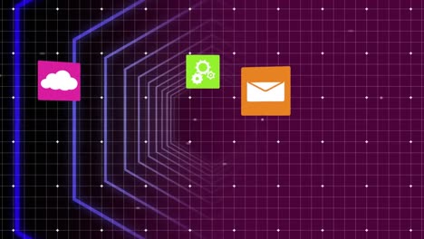 animation of digital icons over hexagonal shapes in seamless pattern against purple background