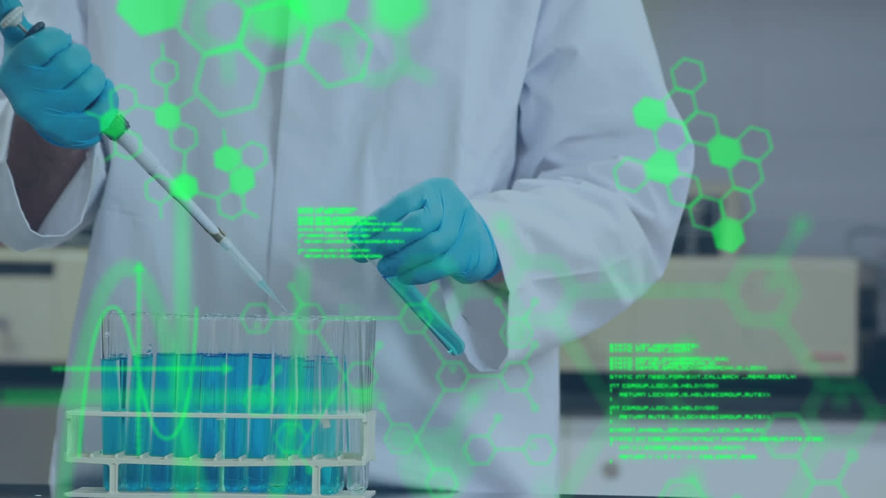 animación de procesamiento de datos y moléculas sobre el médico que trabaja en el laboratorio
