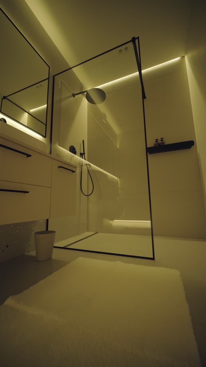 Stylish and elegant minimalist home interior featuring clean lines, neutral colors, and warm ambient lighting, creating a cozy and modern atmosphere.