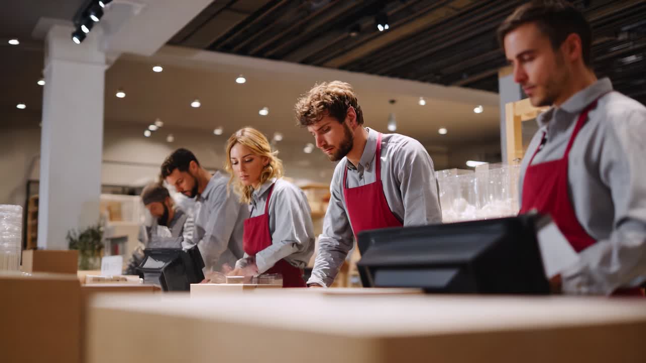 Employees in a Retail Environment Focused on Processing Tasks, Showcasing Teamwork and Efficiency in a Well-Organized Workspace with Modern Equipment and Clear Communication