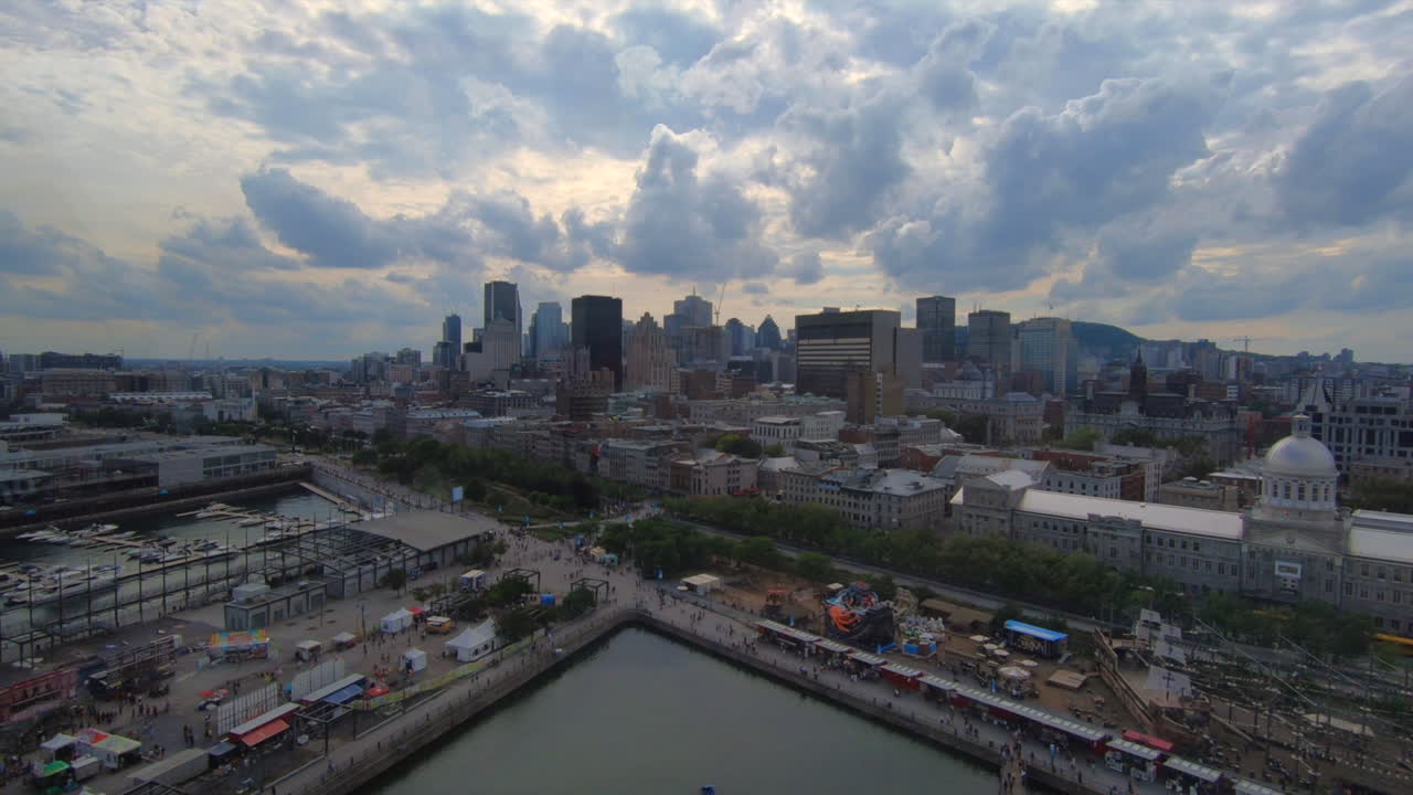 High Aerial view from inside ferris wheel cabin, Montreal aerial view, cityscape, old-montreal, st-Laurent river, nature, skyline, drone view