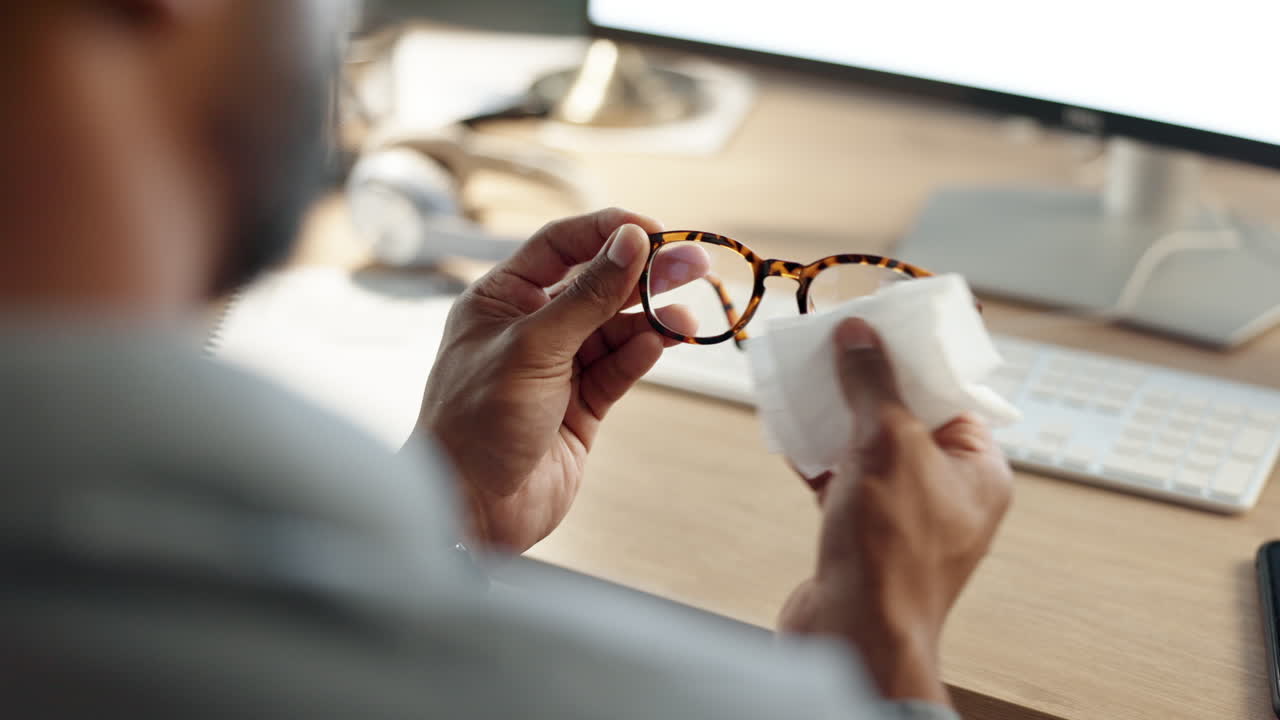 Man hands, cloth and cleaning glasses in clear