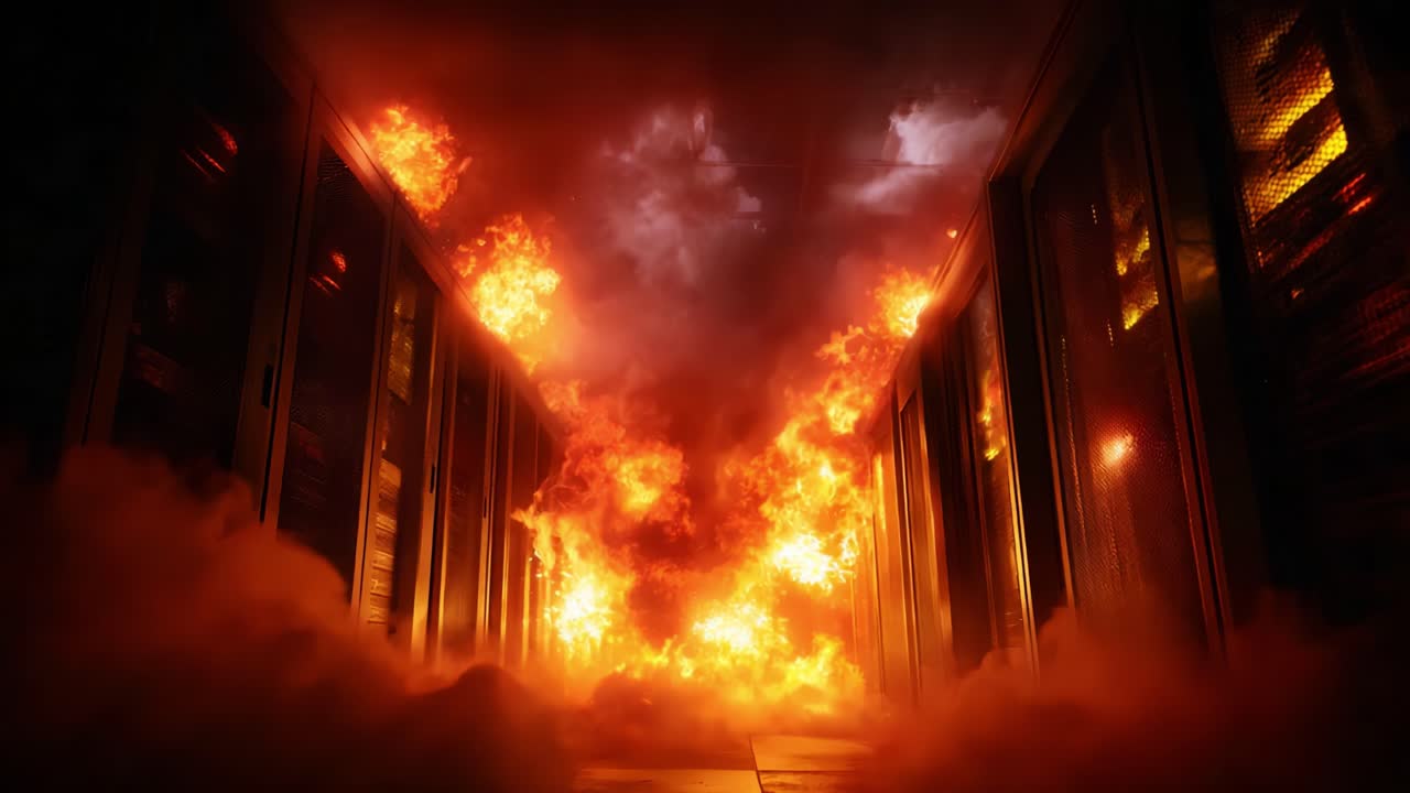Ein verheerendes Feuer bricht in einem Rechenzentrum aus und umhüllt Serverreihen mit heftigen Flammen und Rauch, wodurch Chaos und Zerstörung in der Einrichtung entstehen