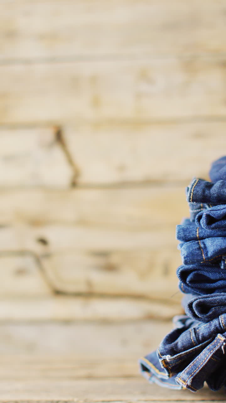 Vertical video of folded jeans with different shades on wooden background with copy space