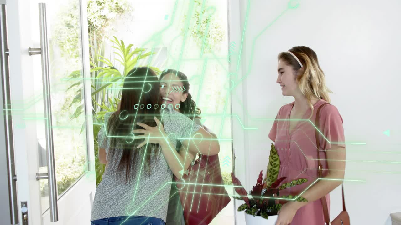 Host opening glass door seeing guests, hugging, welcoming plant, baby, green overlay signaling tech