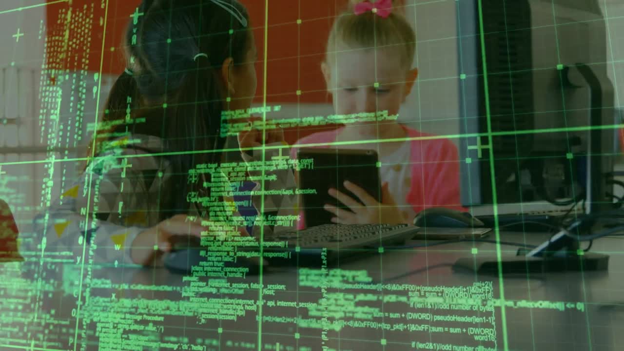 Animation of digital interface over diverse school girl