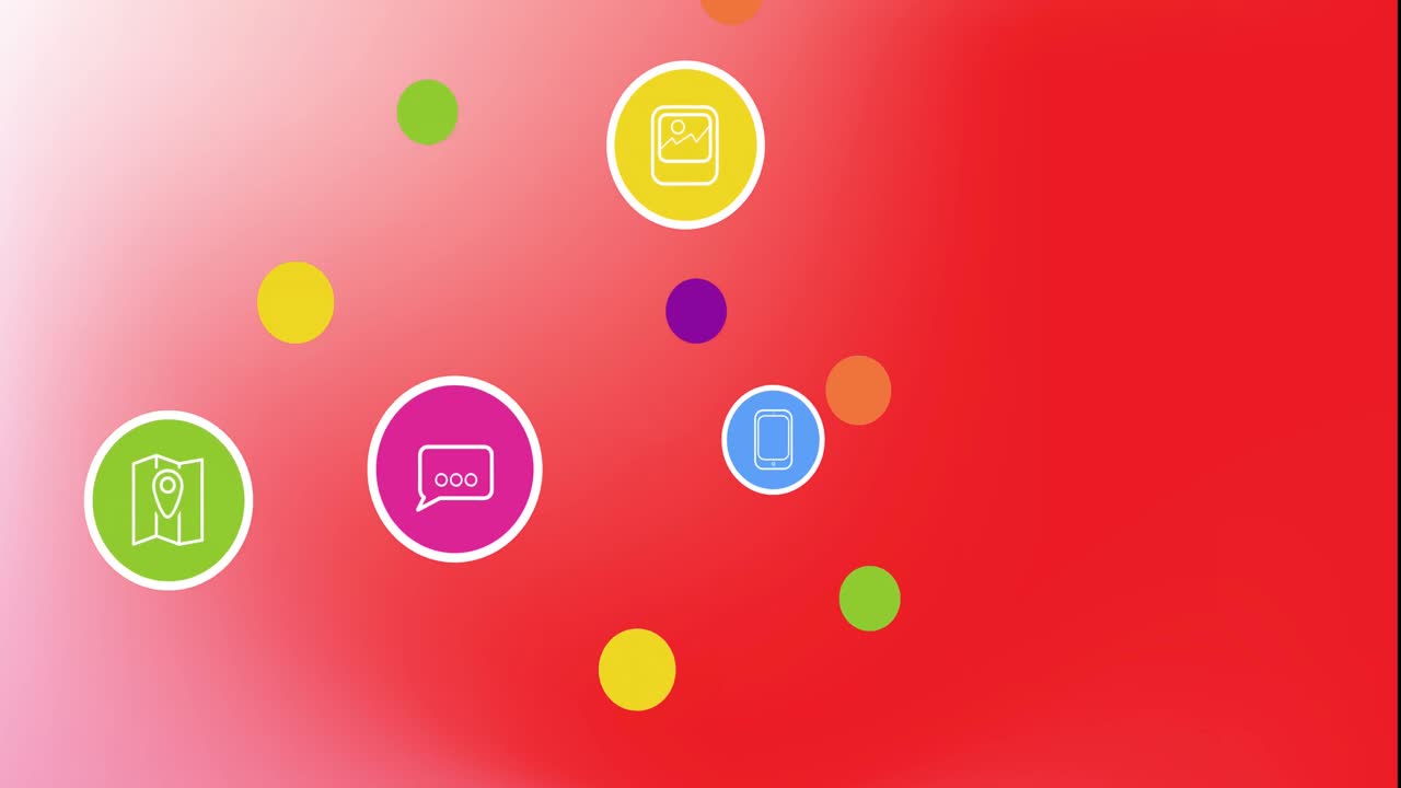 animación de múltiples iconos digitales flotando contra un fondo de gradiente rojo.