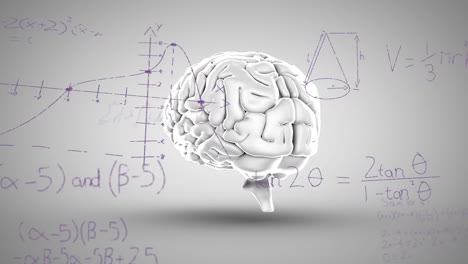 animación de ecuaciones matemáticas sobre el icono del cerebro humano giratorio contra un fondo gris.