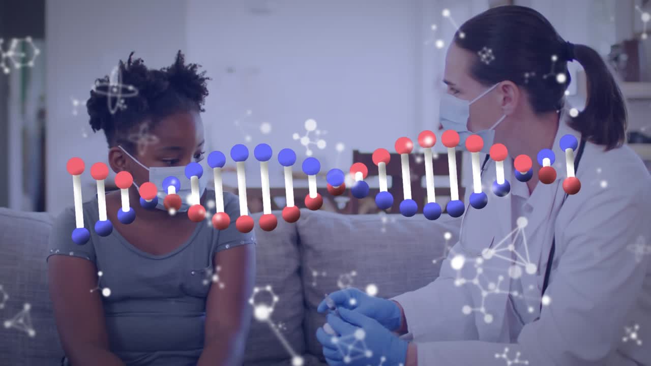 Animation of dna strand spinning over business family using falling hello