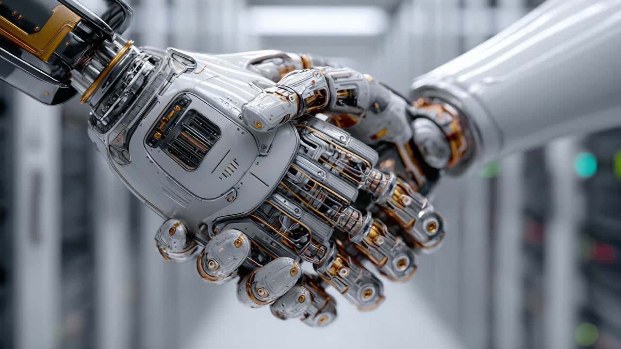 A Revolutionary Moment: Two Advanced Robotic Hands Engaging in a Groundbreaking Handshake, Symbolizing Cooperation and Unity in the Age of Artificial Intelligence